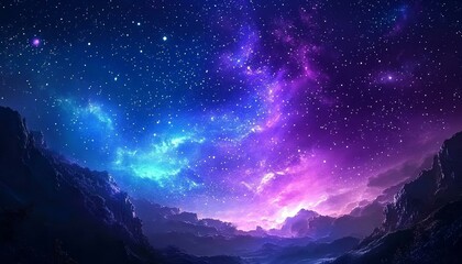 Wall Mural - Beautiful fantasy starry night sky blue and purple colorful galaxy and aurora 4k wallpaper. cosmic watercolor illustration. Colorful space background with stars
