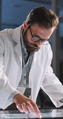 Aufkleber - Scientist man, interactive display and laboratory with scroll, review or analysis for innovation with medical research. Person, touchscreen and pharma study with future tech for breakthrough