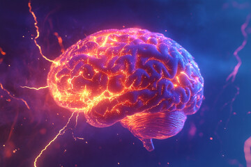 Wall Mural - human brain digital illustration. electrical activity, flashes and lightning on a blue background.