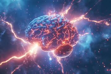 Wall Mural - human brain digital illustration. electrical activity, flashes and lightning on a blue background.