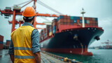 Dock worker monitors loading cargo ship. Worker in yellow vest orange helmet oversees container shipping. Maritime port cranes. Container ship, industrial cargo transportation.