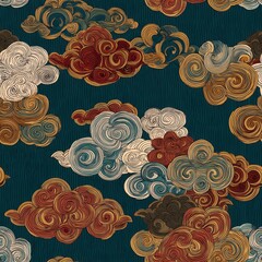 seamless pattern of traditional japanese clouds and wind swirls, vintage print style