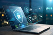 © B.Panintara - Glowing digital interface on laptop. Futuristic digital style on dark blurred background. Secure data exchange concept in banking business.