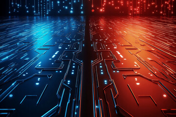 Wall Mural - technology background with two paths running in parallel. red and blue color scheme, technology feel