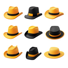 Vibrant hat collection display studio photography artistic close-up. Isolated on transparent background, png.