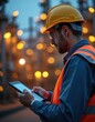 © Vadym - Engineer with tablet oversees operations in industrial plant at dusk. Man in uniform using digital tablet for inspection. Industrial, tech, energy, engineering, manufacturing, industry,