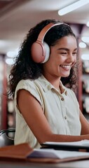Poster - Headphones, library and woman student dancing with music, podcast and practice test. Education, college and female person study for assessment with audio, streaming or knowledge for assignment