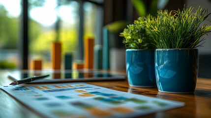 A modern workspace featuring vibrant plants, financial charts, and colorful bar graphs in the background