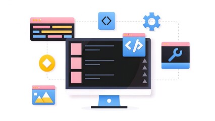 illustration of a computer screen connected to various programming and development icons and symbols