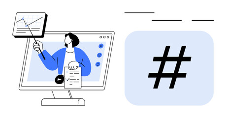 Woman presenting analytics on screen with metadata tag element beside. Ideal for marketing, social media strategy, content creation, branding, online learning, data analysis, simple landing page
