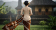 © Ridho Bahri Saputra - An Indonesian girl wearing a beautiful traditional kebaya batik outfit with a serene rural atmosphere and traditional house in the background, kartini days