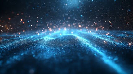 Glowing Blue Digital Landscape, Abstract digital landscape with glowing blue particles and bokeh lights