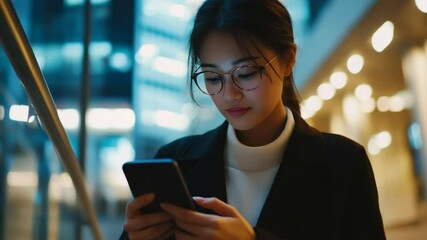 Young professional woman using smartphone in modern city environment at night