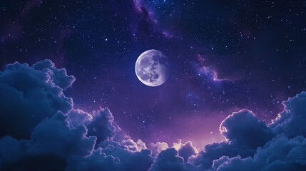 ethereal starfield with glowing moon and faded purple-blue atmosphere