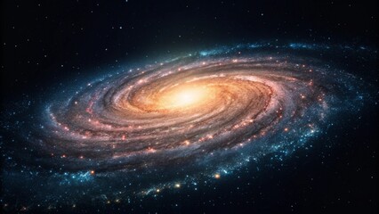 Wall Mural - Stunning spiral galaxy with bright central core and swirling arms filled with stars and nebulae against a dark cosmic background. Represents astronomy, space, and the universe
