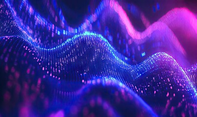 Vibrant abstract digital artwork featuring flowing waves of pink and blue light particles against a dark background. creating a sense of motion and depth