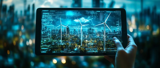 Aufkleber - digital tablet displaying wind turbines and ecofriendly energy solutions, emphasizing sustainability, clean tech, generative AI design