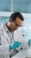 Aufkleber - Science, liquid and man with beaker and pipette for research, medical analysis and brain scan in lab. Healthcare, neuroscience and scientist with solution for sample, clinical trial and development