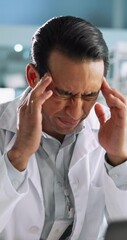 Poster - Scientist, man and headache by laptop with pain in lab, overworked and overwhelmed at night. Migraine, vertigo and burnout with deadline pressure, negative research results and medical problem
