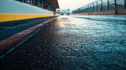 Wall Mural - a close-up shot of an empty f1 track, featuring a wet surface focusing on the pit area. this serene 