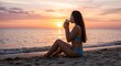 © mr. arsad - a beautful naughty girl enjoy sunset view with a cup of coffee or tea on her hand from side beach