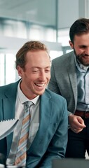 Poster - Video call, smile and colleagues with laptop, meeting and proposal on website in office and people. Corporate, happy and group with tech for investment, collaboration and discussion in boardroom