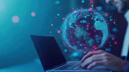 Aufkleber - Abstract Businessman use laptop and synchronize data of business on computer device with global network