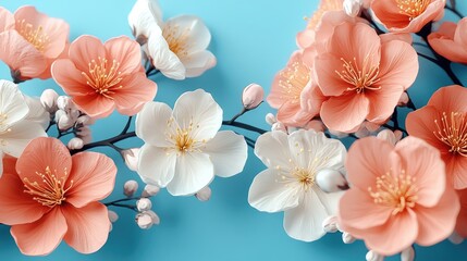 Wall Mural - Light pink and white blossoms on branches against a vivid blue background. Springtime floral scenery