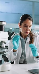 Aufkleber - Science, liquid and woman with beaker and microscope for research, medical analysis and chemistry in lab. Healthcare, biotechnology and scientist with solution for sample, experiment and development
