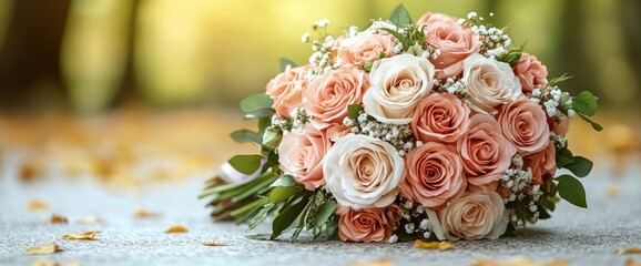 Wall Mural - Peach and cream roses bouquet, baby?s breath, and green leaves sit on stone. Golden leaves blur behind