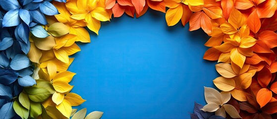 Wall Mural - Colorful arrangement of leaves, rainbow gradient on blue background