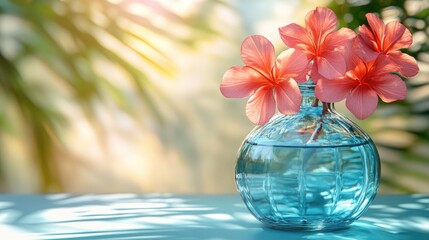 Wall Mural - Flowers in a blue vase on a blue surface, lit by sunlight with a leafy background. Serene