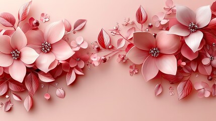 Wall Mural - Arrangement of pink flowers, leaves, and berries on a delicate background create a pretty floral scene