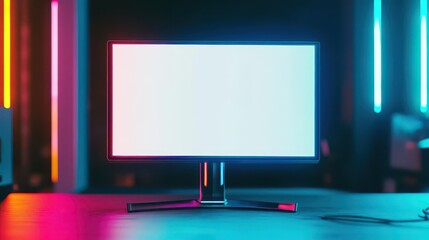 Leinwandbilder - Blank mockup of a monitor in a gaming setup with colorful LED lights