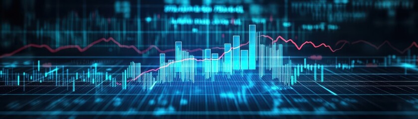 Aufkleber - Blue backdrop with financial bar chart, uptrend line, and widescreen abstract stock market graph