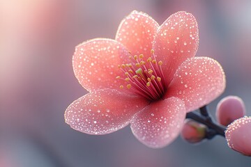 Wall Mural - Close-up of a delicate pink flower with sparkling dew, bathed in soft light