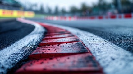 Wall Mural - close-up image showcasing an empty formula 1 track, highlighting the curve of the barrier against a 