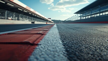 Wall Mural - a striking view of an empty f1 track highlighting the pit area, emphasizing the smooth asphalt surfa