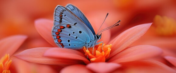 Wall Mural - A light blue butterfly sits on a peach-colored flower, with orange centers in soft, blurred surroundings