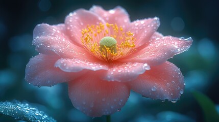 Wall Mural - Close-up of a flower with pink petals and yellow center, with water droplets covering the petals