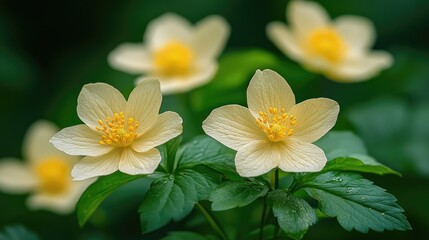 Wall Mural - Creamy wildflowers with yellow centers cluster amidst vibrant green foliage