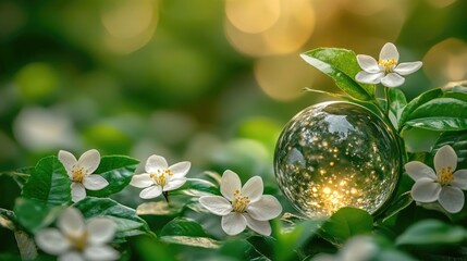 Wall Mural - Orb reflects sun, nestled among foliage and delicate white blossoms in soft, golden light