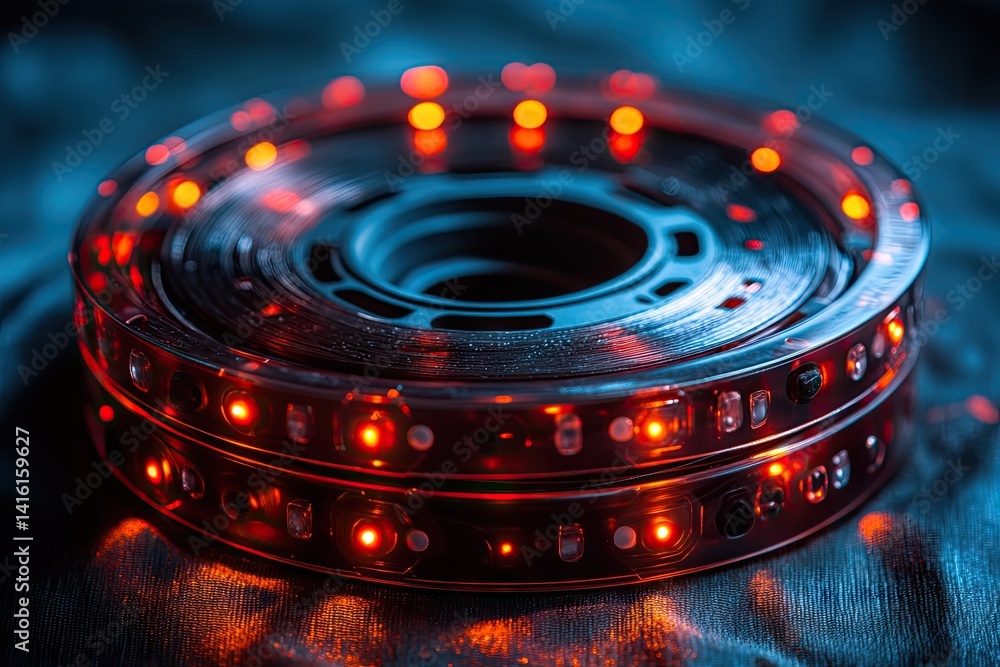 Illuminated LED strip wound on a reel, creating a circular, glowing ...