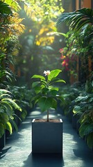 Wall Mural - Plant in a pot. Green leaves & white flower in a vibrant greenhouse setting. Sunny light filters through