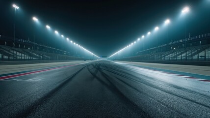 Wall Mural - this image captures an empty f1 track illuminated under floodlights at night, creating an atmospheri