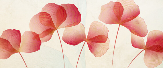 Wall Mural - abstract floral art background with pink transparent flowers in line art style with watercolor textu