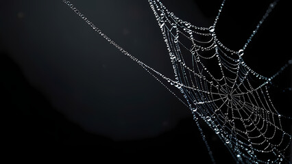 Delicate Spider Web with Dew Drops on a Dark Background