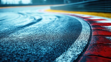 Wall Mural - a close-up shot of an empty f1 track featuring a wet surface and a pronounced curve. the image captu