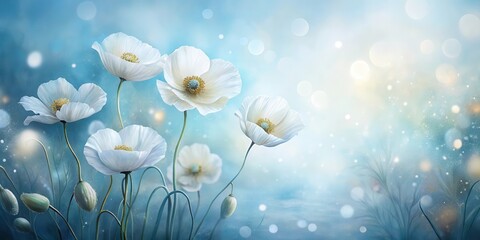 Wall Mural - Serene White Poppies in a Dreamlike, Soft-Focus Floral Scene with Delicate Pastel Hues and a Magical Atmosphere