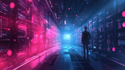 Fototapete - Futuristic server room with a lone figure